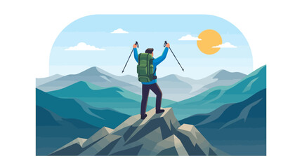 Fototapeta premium Successful hiker reaching mountain summit celebrating achievement with raised hands flat design vector illustration