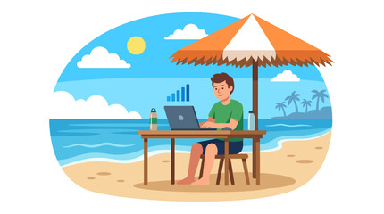 Fototapeta premium Young male digital nomad working on a laptop at a tropical beach desk under a straw umbrella flat vector illustration
