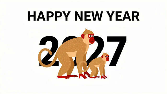Happy New Year 2027 greeting card with two monkeys on white background. Adult and baby Japanese macaque representing family. Festive animal theme for calendar designs and holiday marketing.