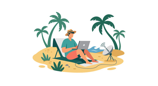 Young freelancer working on laptop at tropical beach with satellite dish connection flat vector illustration