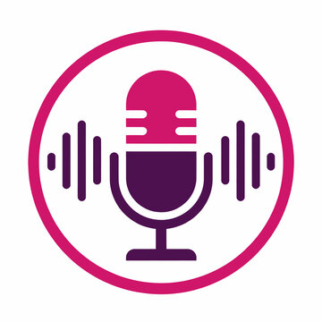 Minimalist vector icon of a vintage microphone with sound waves representing podcasting, audio recording, radio broadcasting, and voice communication in a modern circular emblem design