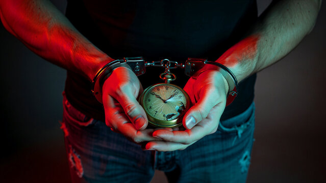 Handcuffed man holding broken pocket watch. Hands in restraints under red and blue light. Legal consequence and lost time concept for law enforcement media.