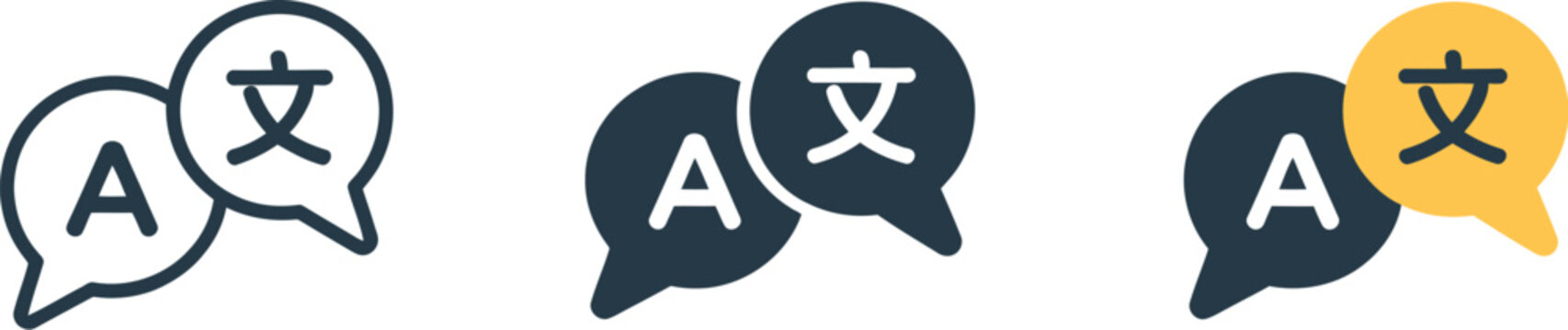 Translation Language Icon Set featuring speech bubbles with letter A and Asian characters, multilingual communication symbols, localization settings, and editable vector illustrations.