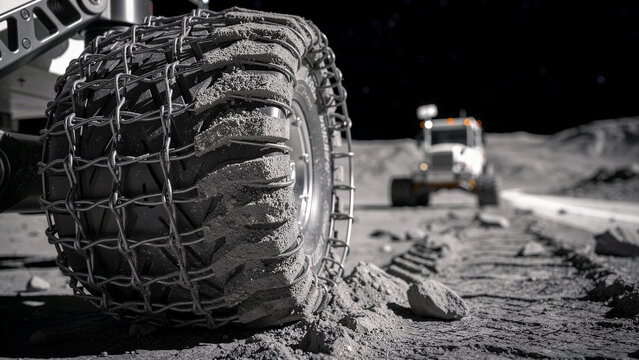 Close-up of lunar rover wheel with traction chains on dusty moon surface. Planetary exploration vehicle navigates rocky terrain under stars. Space mission concept for aerospace and sci-fi marketing.