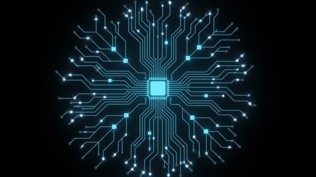 Glowing digital circuit board lines expanding from central microchip