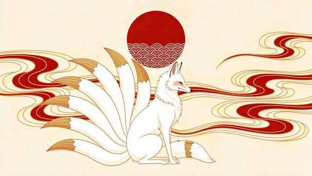 White nine-tailed fox sitting in front of a red sun. Traditional Japanese mythological kitsune with stylized clouds and waves. Oriental folklore concept, ideal for cultural heritage designs.