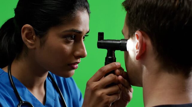 Female doctor examining male patient with otoscope on green screen