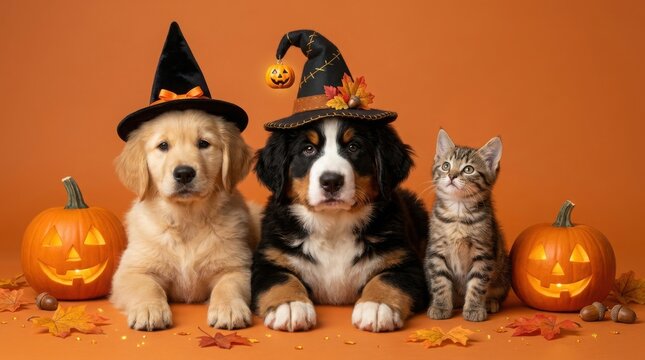 Halloween pumpkin and witch hat with puppies and kitten, adorable