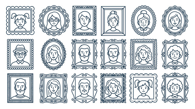 Set of simple outline portraits in decorative frames, family photos.