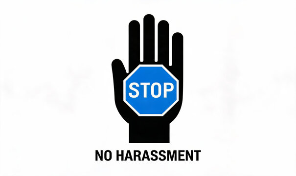 A black hand holding a blue stop sign displays the text "NO HARASSMENT" below, conveying a clear anti-harassment message.