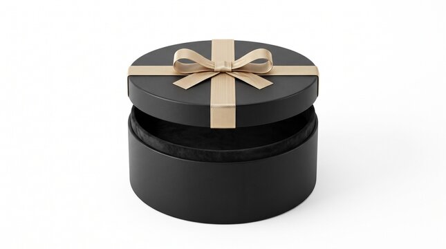 Black round gift box with gold ribbon 3D render isolated on white
