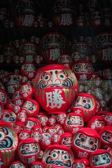 Fototapeta premium Pile of red daruma dolls at Katsuoji temple Osaka Japan traditional good luck charms