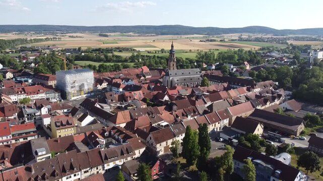 aerial view of the old town Bad K&ouml;nigshofen im Grabfeld in the Rh&ouml;n Region of Lower Franconia, Bavaria, Germany 4k