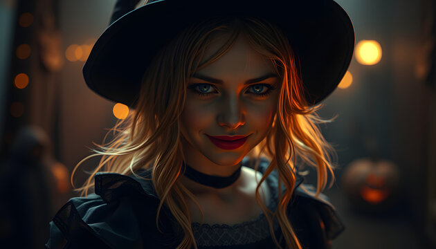 halloween, witch girl with creepy expression, witch costume, dinamic scene. White tone