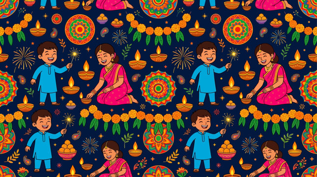 Seamless Diwali pattern of Indian families lighting diyas and holding sparklers, decorated with mandala motifs, marigold garlands, and hanging lanterns on dark blue background.