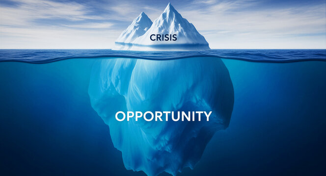 Iceberg in the ocean with CRISIS above water and OPPORTUNITY below. Cross-section view of floating ice highlighting hidden potential. Business strategy metaphor for problem-solving and marketing.