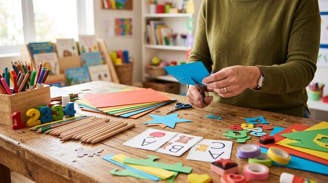 Teacher preparing classroom materials for early childhood education activities