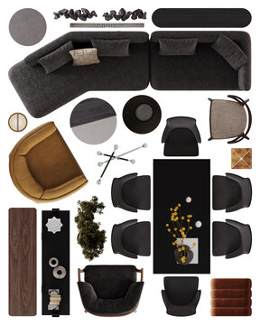 Modern Dark Black Dining room Layout Elements- Transparent Background, Top View