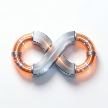 3D futuristic infinity loop sign made of partial brushed steel and glowing orange laser pipeline with tech nodes, representing continuous integration and continuous delivery CI CD, generative AI