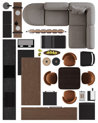 Naklejka premium Dark Kitchen interior Furniture Set – Top View PNG for Interior Planning 