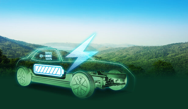 Concept of Power cable pump plug in charging power to electric vehicle EV car with icon save the world.