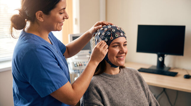 Neurology technician placing EEG cap on smiling female patient in clinic