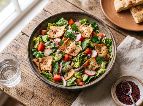 Lebanese fattoush salad with crispy pita bread and sumac on rustic wooden table