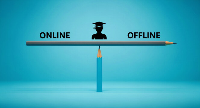 Pencil balancing with online and offline text and student icon. Represents choice between digital and traditional classrooms. Educational balance concept for hybrid learning marketing.