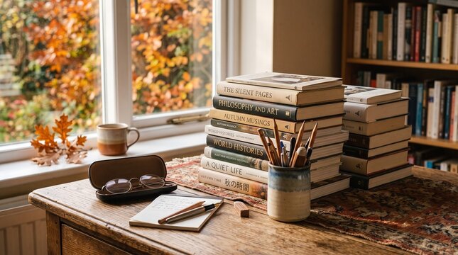 Cozy reading nook with books, pens, and glasses by the window