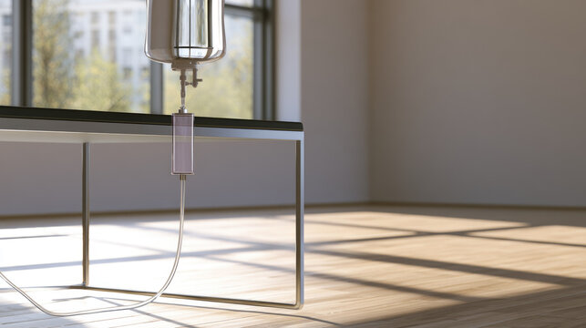 Clear drip bag modern living room coffee table medical recovery glass tube hydration therapy home interior sunlight window minimal design copy space