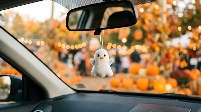 Cute llama ornament hanging in car at pumpkin patch