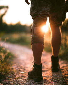 Knee brace hiking trail joint support leg support outdoor exercise walking trail sunlight wilderness injury recovery brace knee leg support sport fitness therapy rehabilitation pain relief