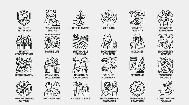 Environmental biodiversity and wildlife protection icons thin line vector set covering nature conservation marine life farming research reforestation and education.