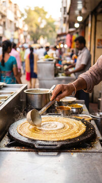 Indian street food vendor preparing a crispy masala dosa on a hot tawa