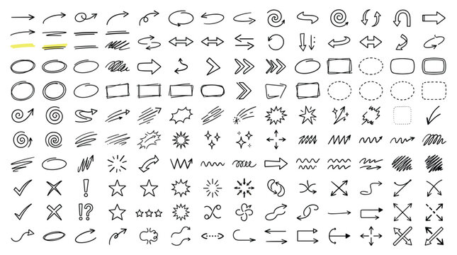 Comprehensive collection of hand drawn doodle arrows and sketch design elements for presentation highlight markers and digital note taking business planning tools.