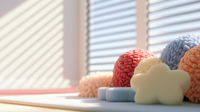 Sensory therapy room with textured balls and soft foam shape on mat in warm sunlight