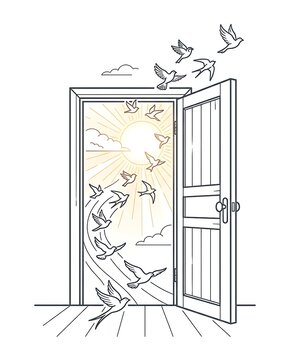 World Suicide Prevention Day concept with open door and flying birds toward light