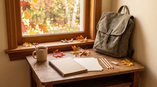 School desk setup with notebook, pencils, and backpack near window.