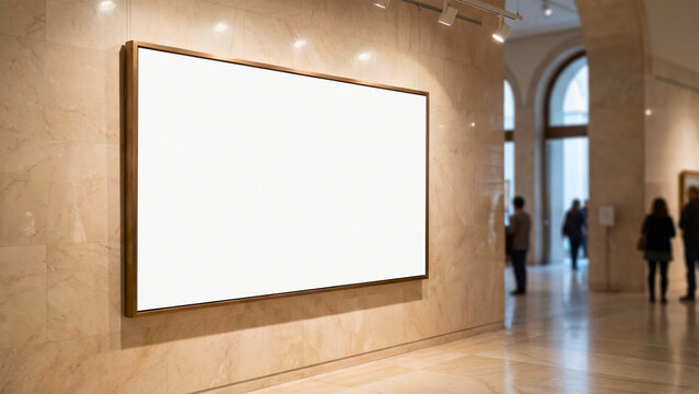 Blank framed canvas in museum marble corridor, art institution advertising mockup, marketing display with copy space