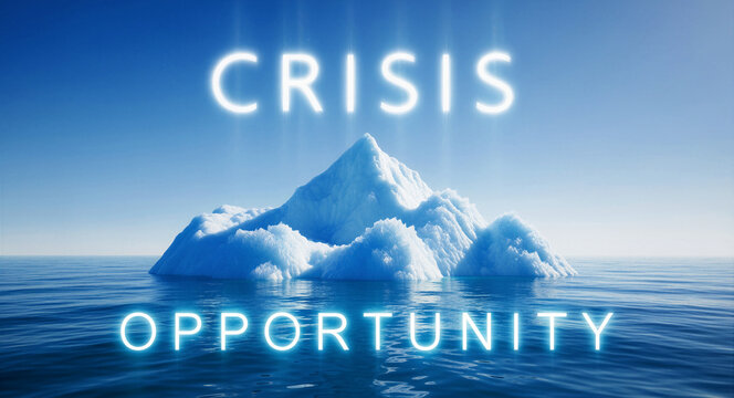 Iceberg in ocean with glowing crisis and opportunity text. Metaphorical view of hidden potential in difficult times. Business resilience concept for corporate and economic leadership marketing.