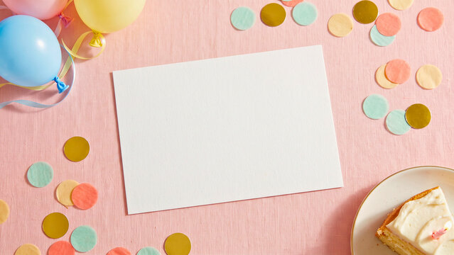 Blank invitation card on birthday party table, celebration stationery advertising mockup, marketing display with copy space