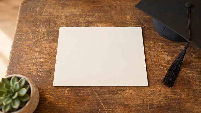 Blank certificate card on graduation desk, academic stationery advertising mockup, marketing display with copy space