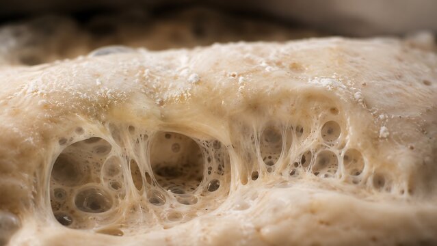 Active sourdough starter fermenting. Bubbling yeast culture for artisanal bread baking.