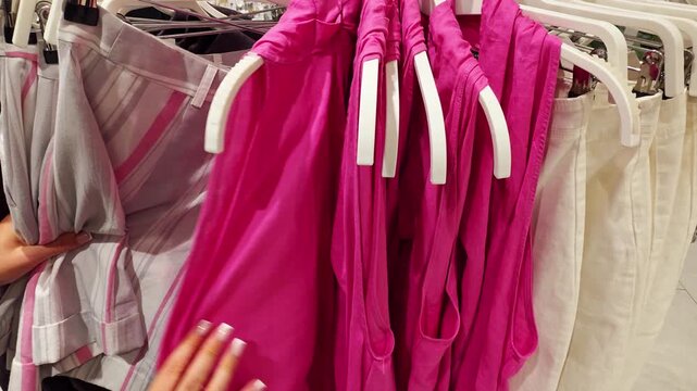 Close up of woman hand browsing clothing rack with vibrant pink sleeveless tops and grey striped shorts in a bustling retail clothing store or boutique setting.