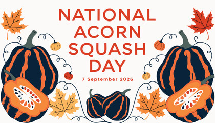 National acorn squash day illustration with autumn leaves and squash © vectyx2