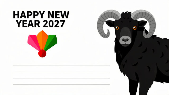 Black ram illustration for Happy New Year 2027 celebration. Zodiac animal graphic featuring decorative elements and writing lines. Chinese Lunar New Year theme for greeting cards and marketing.