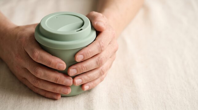 Close up of hands holding reusable green coffee cup against neutral fabric cloth background.