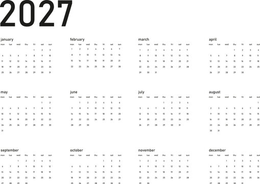 Minimalist 2027 annual calendar grid template. Clean white background design, week starts on Monday. Vector layout for business planner, organizer, schedule or print.