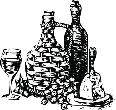 Chess pieces and wine glass with grapes on wooden table Vector, illustration