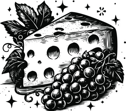 Cheese wedge with grapes and vine leaf on a plate illustration Vector, illustration